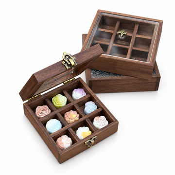 Miniature flowers packaged in a wooden box